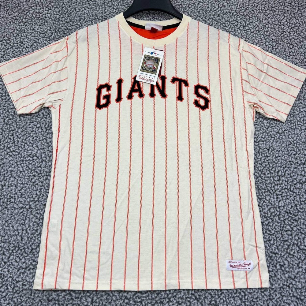 San Francisco Giants Shirt Men Large Pinstripes Mitchell & Ness Crew Neck Cotton